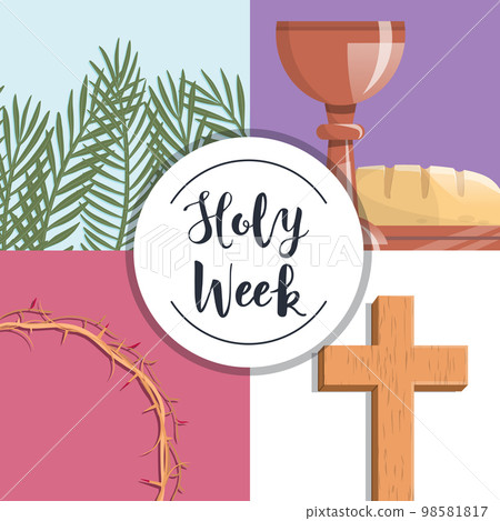 Holy Week. Palm branches, the last supper, crown of thorns and the cross 98581817