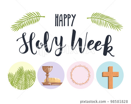 Holy Week.  Palm branches, the last supper, crown of thorns and the cross 98581828