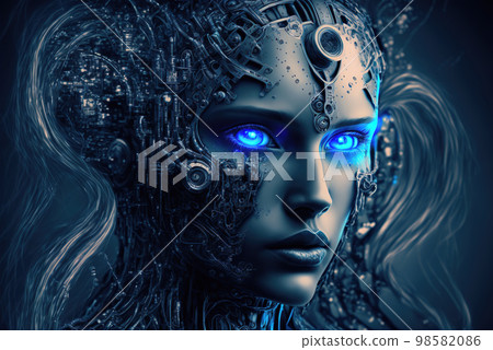 AI robot, portrait of fictional beautiful girl with artificial intelligence, generative AI 98582086