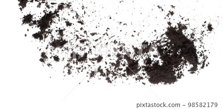 Black Fertilize Soil ready to planting, good organic soils with root for garden farming, fine detail of soil throw fly in air with dust dirty. High speed freeze shot over White background Isolated. Black Fertilize Soil ready to planting, good organic soils with root for garden farming, fine detail of soil throw fly in air with dust dirty. High speed freeze shot over White background Isolated. 98582179