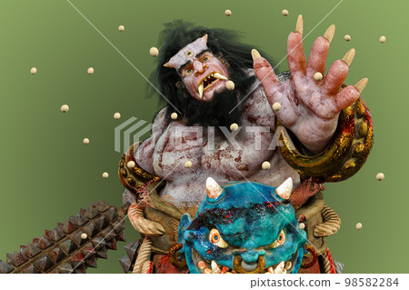 A frightened demon who is sprinkled with beans to ward off evil during Setsubun, a Japanese event 98582284