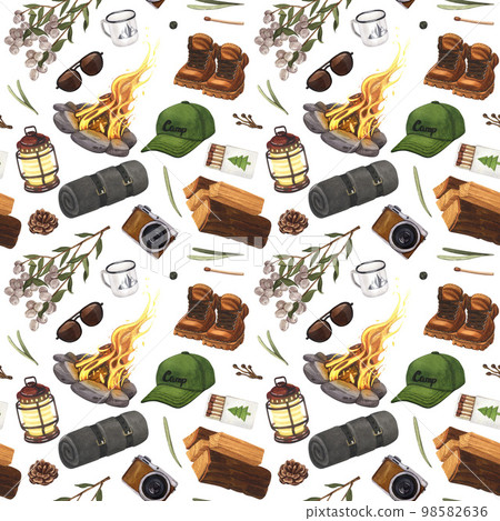 Watercolor seamless pattern hiking in the forest, tourism, camping, traveling and trip. Hand-drawn illustration isolated on white background. Concept for packing design, textiles, fabrics print. 98582636