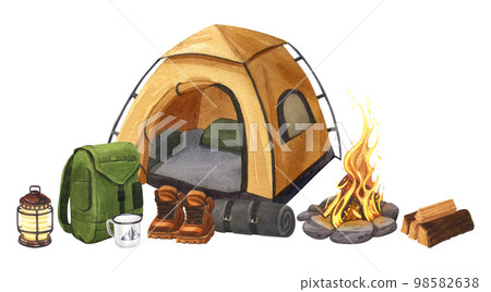 Watercolor banner campsite with tent, backpack, boots, firewood, lamp and bonfire. Hand-drawn illustration camping isolated on white background. For sticker: traveling, banner, flyer, template 98582638