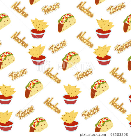 Endless pattern of Nachos and Tacos with Handwriting Lettering. Fast food menu. Latin American food Endless pattern of Nachos and Tacos with Handwriting Lettering. Fast food menu. Latin American food 98583298