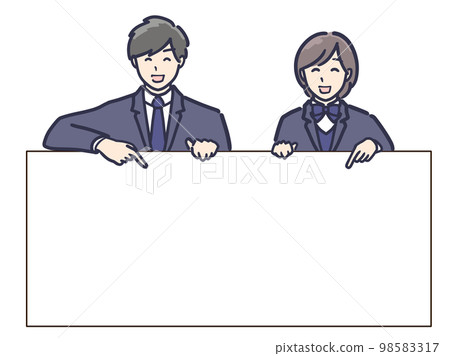 一個穿著制服的高中男孩和女孩的插圖與留言板 98583317