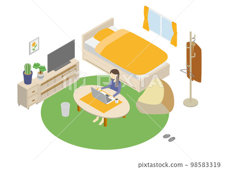 一個獨居的女人在 PC 等距單人間工作 98583319