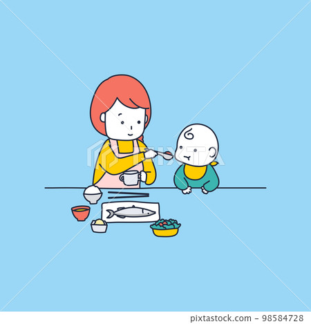 It's really hard to feed yourself while feeding your baby! Illustration material of 98584728