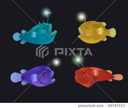 Set of angry toothy anglers with lanterns bait. Vector cartoon detailed illustration of anglerfish. Deep sea fauna. Set of angry toothy anglers with lanterns bait. Vector cartoon detailed illustration of anglerfish. Deep sea fauna. 98585552