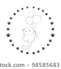 Stamp-style illustration material: A cat flying with a balloon in one hand (line drawing) 98585683
