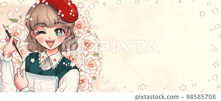 Aspiring cartoonist girl/girl cartoon illustration banner drawing a manuscript brought in Aspiring cartoonist girl/girl cartoon illustration banner drawing a manuscript brought in 98585708
