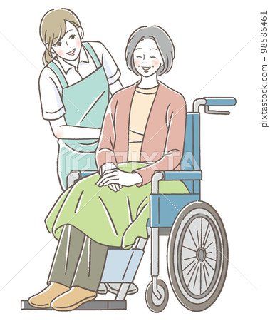 A senior woman on a wheelchair and a smiling caregiver woman A senior woman on a wheelchair and a smiling caregiver woman 98586461