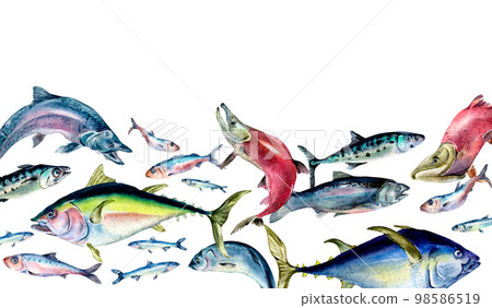 Banner of various sea fish swimming watercolor illustration isolated on white. Banner of various sea fish swimming watercolor illustration isolated on white. 98586519