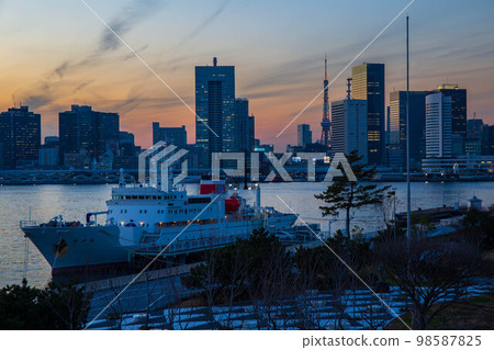 從晴海碼頭看東京塔和日落的東京城市景觀 98587825