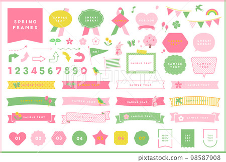 春天可愛的插圖和框架，絲帶設計集 98587908