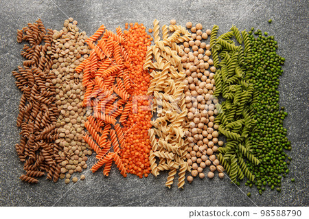 A variety of fusilli pasta from different types of legumes. Gluten-free pasta. 98588790