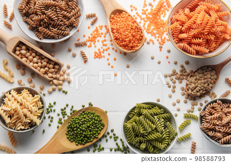 A variety of fusilli pasta from different types of legumes. Gluten-free pasta. 98588793