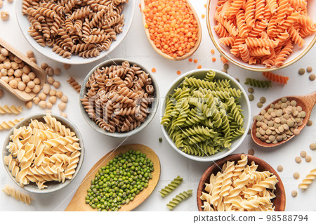 A variety of fusilli pasta from different types of legumes. Gluten-free pasta. 98588794