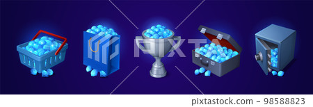 Piles of blue gemstones in bag, iron cup, suitcase Piles of blue gemstones in bag, iron cup, suitcase 98588823