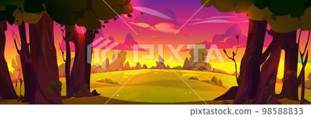 Summer forest landscape with trees, bushes, grass 98588833