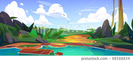 Summer landscape with green grass, lake water Summer landscape with green grass, lake water 98588834