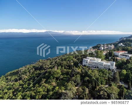 Aerial View of Livadia Palace - located on the shores of the Black Sea in the village of Livadia in the Yalta region of Crimea. Livadia Palace was a summer retreat of the last Russian tsar Nicholas II Aerial View of Livadia Palace - located on the shores of the Black Sea in the village of Livadia in the Yalta region of Crimea. Livadia Palace was a summer retreat of the last Russian tsar Nicholas II 98590877