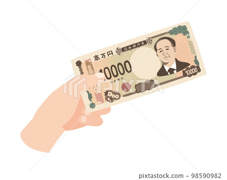手拿著一張新的 10,000 日元鈔票 手拿著一張新的 10,000 日元鈔票 98590982