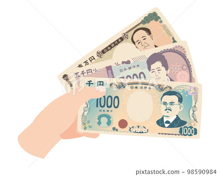 Hand holding new 1,000 yen, 5,000 yen, and 10,000 yen bills 98590984