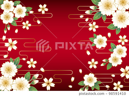 Japanese background of cherry blossoms and clouds Horizontal red 98591410