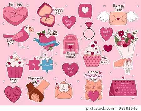 Valentine's Day Hand drawn elements for posters, greeting cards, banners and invitations. Big sticker set of heart, sweets, coffee, cupcake, key, candy, letter, diamond, flower, gift, balloon, kiss, Valentine's Day Hand drawn elements for posters, greeting cards, banners and invitations. Big sticker set of heart, sweets, coffee, cupcake, key, candy, letter, diamond, flower, gift, balloon, kiss, 98591543