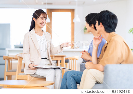 Husband and wife couple family consultant living room insurance finance sales 98592488