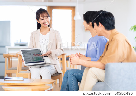 Husband and wife couple family consultant living room insurance finance sales 98592489