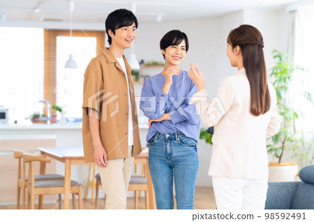 Husband and wife couple family consultant living room insurance finance sales 98592491