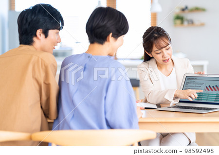 Husband and wife couple family consultant living room insurance finance sales Husband and wife couple family consultant living room insurance finance sales 98592498