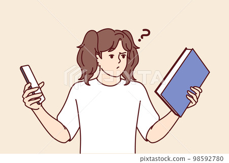 Teenage girl choose between book and phone to read favorite art story. Vector image 98592780
