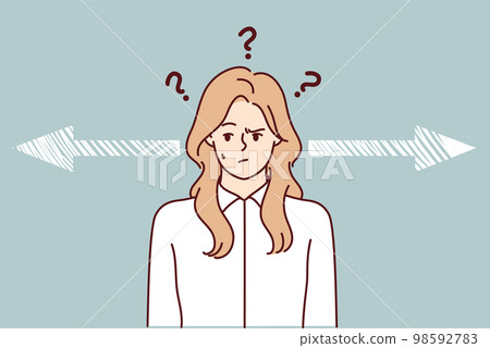Woman near arrows pointing in different directions for hard decision concept. Vector image 98592783