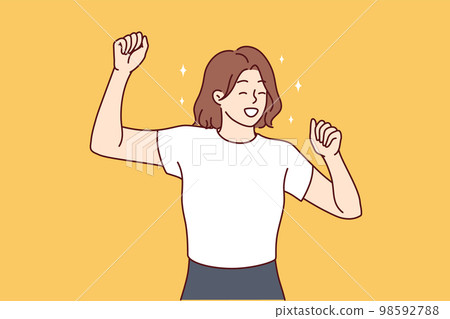 Happy smiling woman waving hands rejoice meeting cool guy or invitation to first date. Vector image 98592788