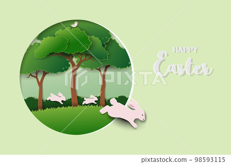 Happy Easter greeting card with rabbits family on spring forest 98593115