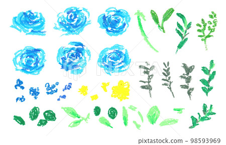 蠟筆劃。用蠟筆繪製的藍色玫瑰插圖。手繪玫瑰矢量集的藍玫瑰。 蠟筆劃。用蠟筆繪製的藍色玫瑰插圖。手繪玫瑰矢量集的藍玫瑰。 98593969