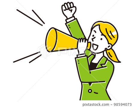 A young woman in a suit cheering with a megaphone 98594073