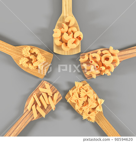 Pasta on wooden spatulas top view 3d render. Macaroni of various types uncooked penne, elbow and fusilli. Italian food poster mockup with noodles and kitchen utensils on grey table Pasta on wooden spatulas top view 3d render. Macaroni of various types uncooked penne, elbow and fusilli. Italian food poster mockup with noodles and kitchen utensils on grey table 98594620