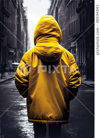 Kid in yellow jacket, view form behind, copy space Kid in yellow jacket, view form behind, copy space 98594943