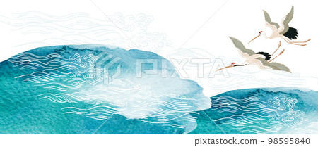Crane birds vector. Japanese background with watercolor texture painting element vector. Asian natural wave pattern with ocean sea decoration banner design in vintage style. Marine template 98595840