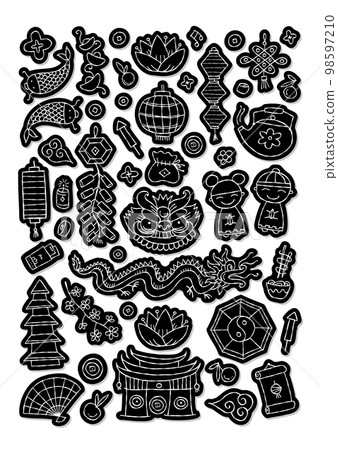 Chinese new year Holiday sticker pack. Icons set. Traditional design elements, symbols and decor. Print and cut ideas. Black silhouette style Chinese new year Holiday sticker pack. Icons set. Traditional design elements, symbols and decor. Print and cut ideas. Black silhouette style 98597210