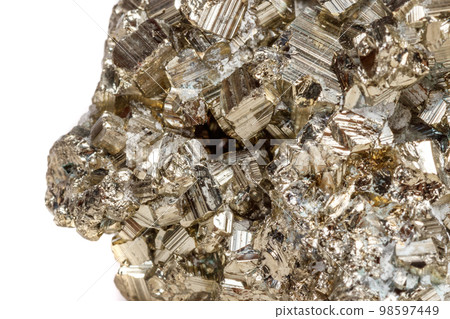 Macro mineral stone Pyrite gold on white background 98597449