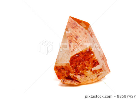 Macro mineral stone Lemurian Crystal a white background 98597457