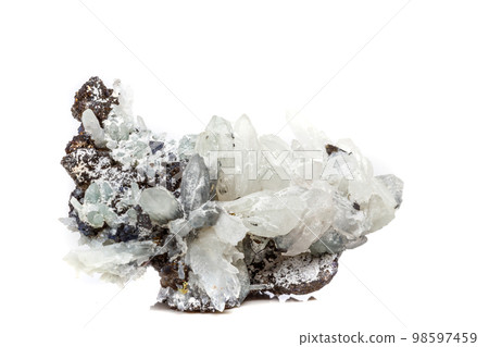 Macro mineral stone Drusus quartz with sphalerite in the rock a white background 98597459