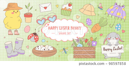 Happy Easter and spring cute stickers template set. Collection of bunnies, eggs, umbrella, chicken, cake, beetles, boots, box, flowers, seedlings, signboard, 98597858