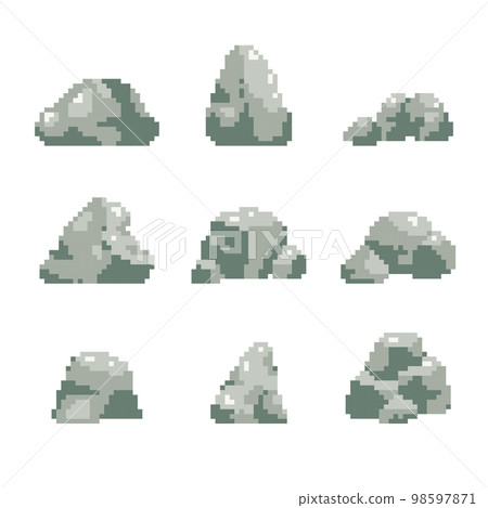 Pixel art rocks. Set of 8 bit pixelated rocks....-插圖素材 [98597871] - PIXTA圖庫