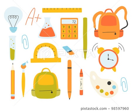 Set of school elements. Back to school. End of school collection. Vector illustration. Flat hand drawn style. Backpack, calculator, pencil, protractor, brush. 98597960