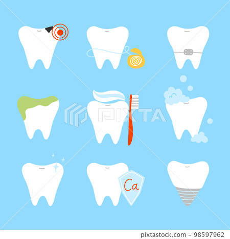 Teeth flat icons set. Collection of teeth. Vector illustration. Sick tooth, clean tooth, calcium. 98597962